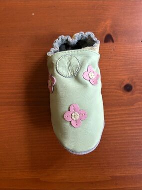 Robeez Soft Leather Slip-On Shoe in Light Green with Pink Flower Accents